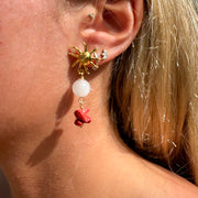 gold swirl earrings with rose quartz and faux red coral