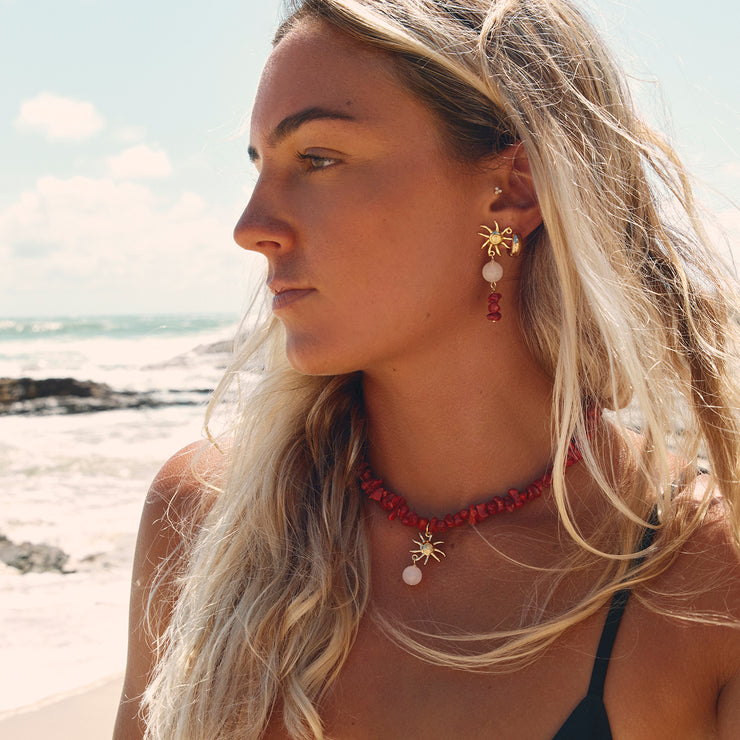 gold swirl earrings with rose quartz and faux red coral