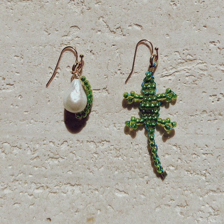 Dua Lipa beaded lizard gekko earrings with freshwater pearl 