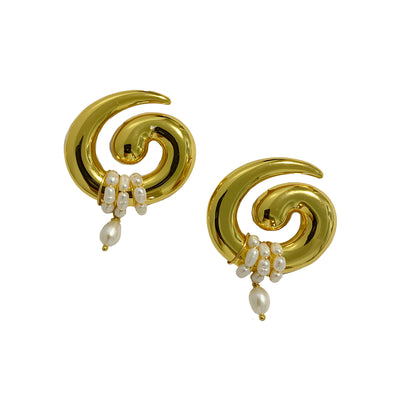 gold and pearl statement spiral earrings