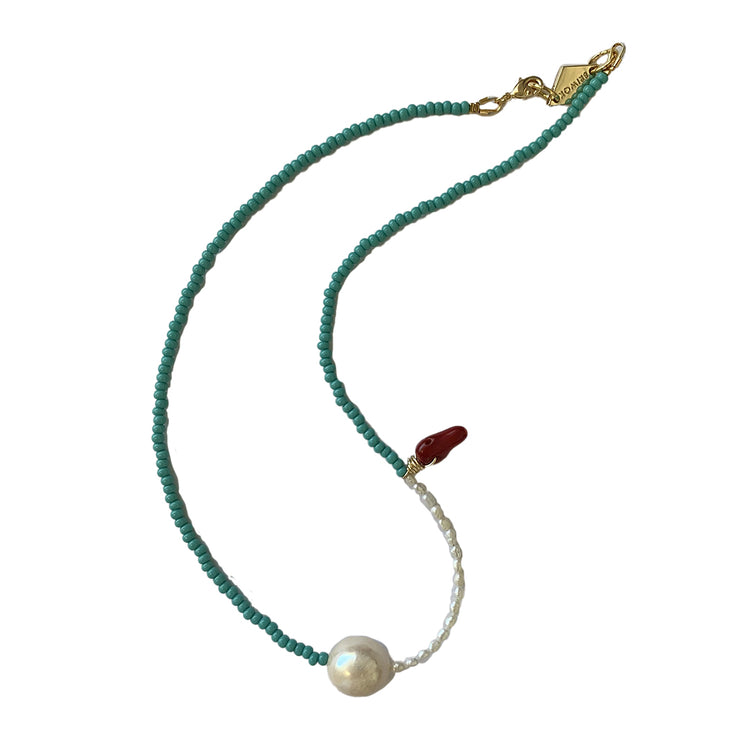 Mallorca turquoise and pearl necklace with red coral made in australia 