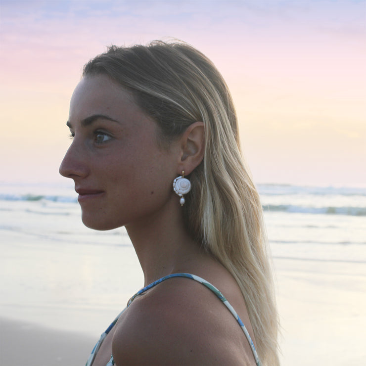 Seashell and pearl earrings hand made sustainable packaging