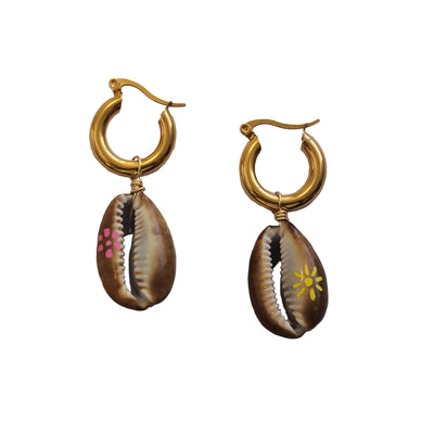 Hand painted hand made cowrie shell earrings. Holiday Earrings australia resort