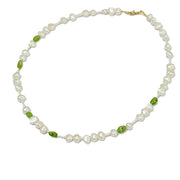 Peridot and freshwater pearl necklace hand made in Australia. fair trade and sustainable