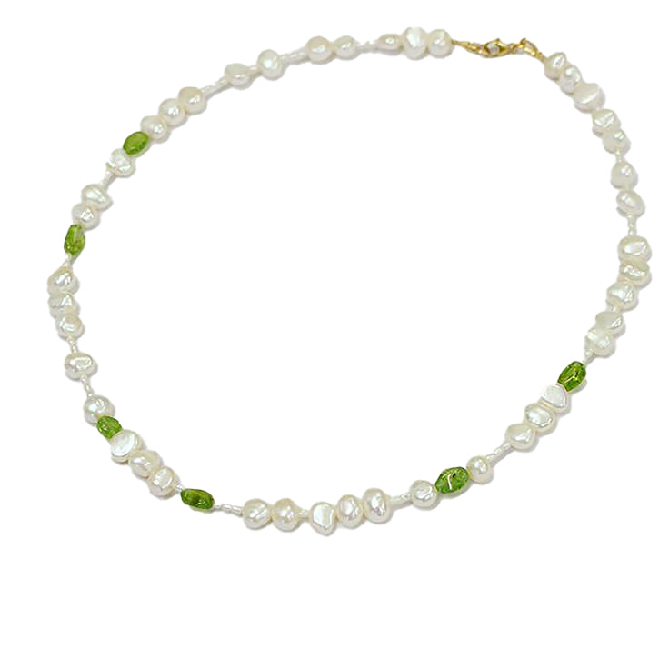 Peridot and freshwater pearl necklace hand made in Australia. fair trade and sustainable